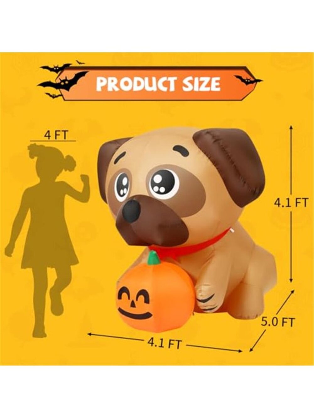 5 FT Long Halloween Inflatable Dog Blow Up Pug Holding Pumpkin with Built-in LED - Picture 2 of 6